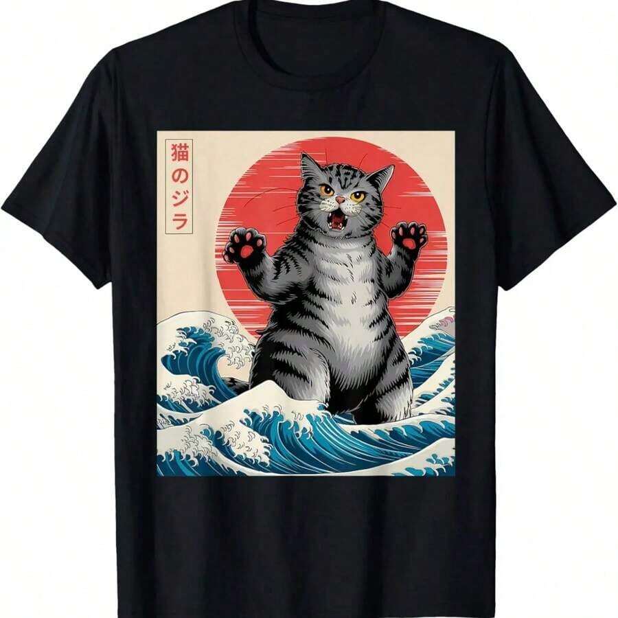 Catzilla T-Shirt - Japanese Art, New Arrival, Pure Cotton Women's T-Shirts, Y2k Fashion, Haikyuu Graphic Tees 72940, Women's T-Shirts - 黑色 5 - 查看 1