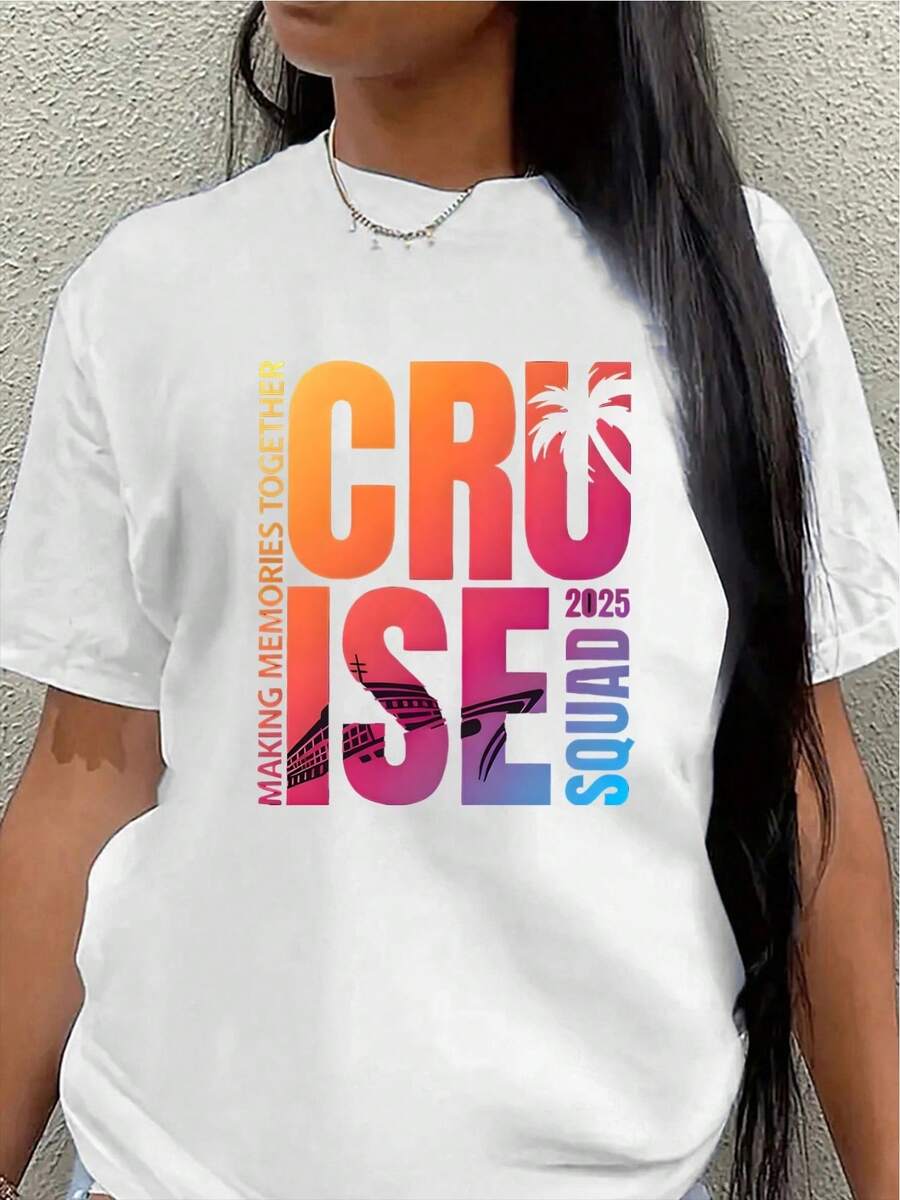 Camiseta de mujer "Vacation Squad 2026", ligera y resistente, de manga corta, perfecta para vacaciones, salidas a la playa o fiestas, con estampados vibrantes en degradado y motivos de palmeras.blusa casual mujer - Blanco - Ver 1