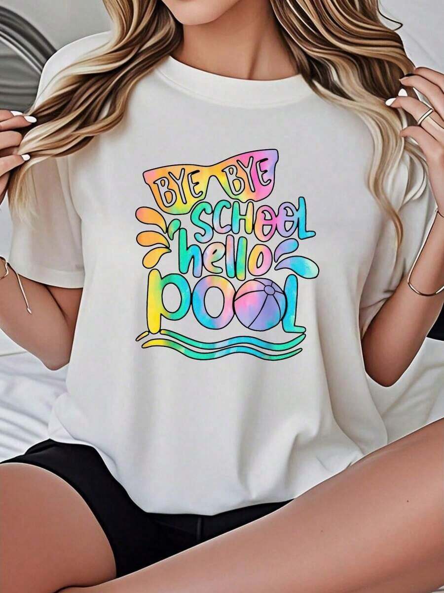 Camiseta de Mujer Casual con Cuello Redondo, Opciones en Blanco y Negro, Estampado Gráfico Colorido 'Bye Bye School Hello Pool', Camisetas de Verano para Playa, Tops de Verano, Camisetas Gráficas, Conjuntos de Verano, Camisetas Cortas para Mujer, Ropa Linda de Algodón Vintage para Mujer, Playera Holgada para Mujer - Blanco - Ver 1
