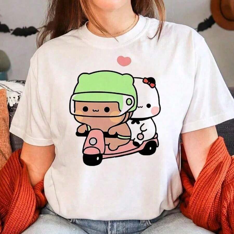 COOL SUMMER Cute Short Sleeve Cotton T-Shirt With And Print, Anime Style, Cartoon Fashion For Women And Girls, Kawaii Top | Exquisite Design | Loose And Comfortable | Easy To Match | - 白色 16 - 查看 1