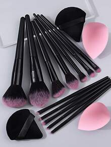16pcs Makeup Brush Set Series, Essential For Beginners, Multi-Functional Makeup Brushes For Foundation/Blush/Contour/Highlighter/Eyeshadow, Soft Sponge Puff & Makeup Sponge, Dry & Wet Use, Ideal For Beginners - Black - View 2
