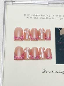 10pcs Handmade Square Press-On Nails, Acrylic Short Pink Nails With Glitter French Tip Line Heart Design, Y2K Summer DIY Fake Nail Art, Suitable For Party, Daily, Date, Beach Tropical Vacation Outfit, Women Girls Gift Nail Supplies - Pink - View 4