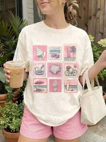 1 pieza de camiseta de manga corta con cuello redondo para mujer, estampado de leopardo con diseño gráfico inglés, adecuada para primavera y verano, opción premium para vacaciones y viajes, tela cómoda y transpirable, diseño exquisito y a la moda, 180g de algodón 100%. - Negro - Ver 9