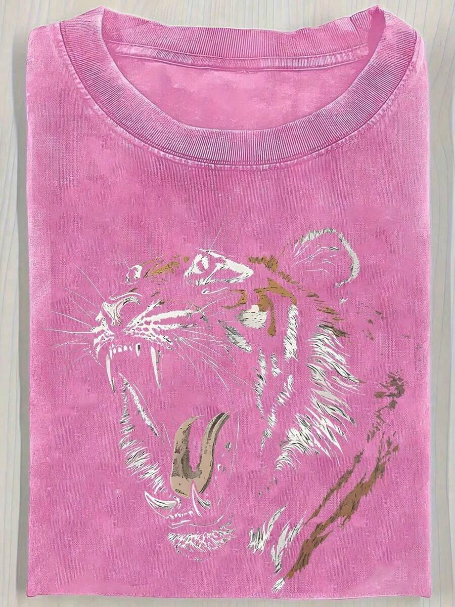 Short-Sleeved T-Shirt With Retro-Style Tiger Portrait Print, 230g, Heavy Wash, Batik, Double-Sided Print, Men's Short-Sleeved T-Shirt, Outdoor Sweater, Vintage Wash, 100% Cotton, For Everyday Use. - 玫紅色 - 查看 1