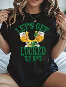 Camiseta de Mujer "Lets Get Lucky Up" para el Día de San Patricio, Diseño Divertido de Cerveza y Trébol, Camiseta Irlandesa para Fiesta, Corte Holgado Casual, playeras de mujer - Negro - Ver 7