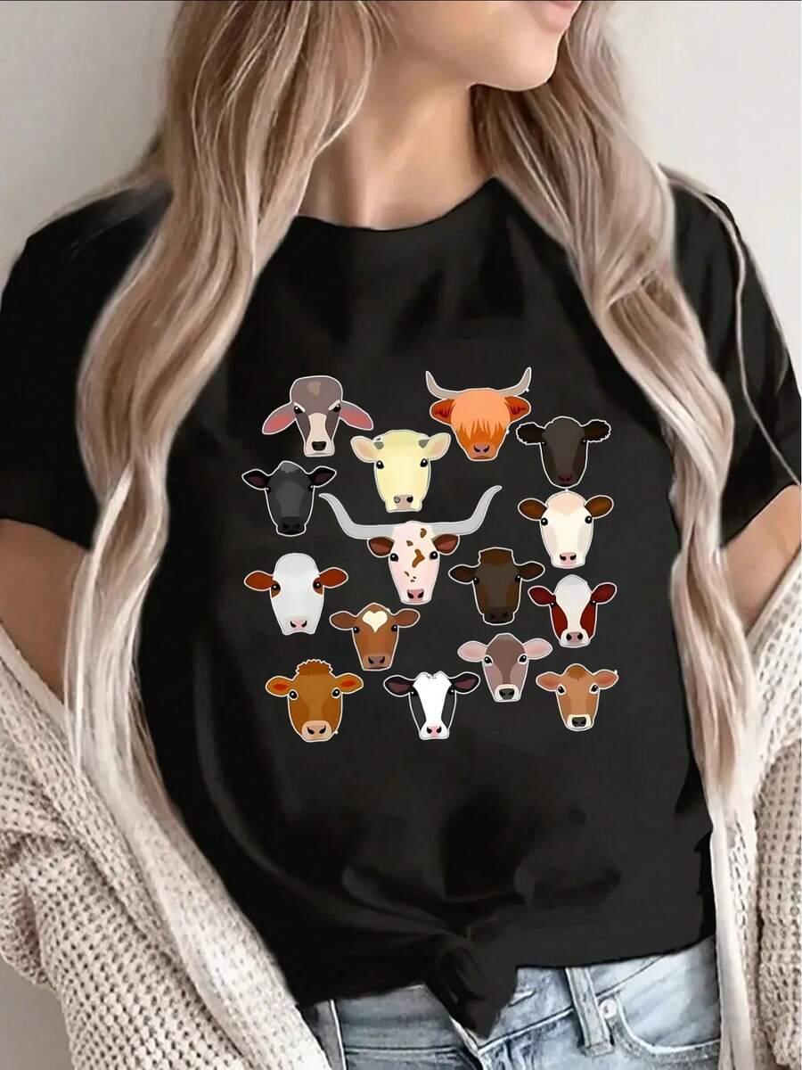 Camiseta casual de manga corta para mujer, con un bonito diseño de estampado de vaca, es ligera y transpirable, perfecta para relajarse en casa o en una cafetería. Disponible en negro, ofrece una opción cómoda para el uso diario. Para mujeres. - Negro - Ver 1