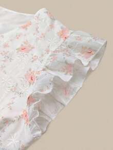 Blusa con mangas cortas, estampado floral, bordado y botones de perlas falsas, versátil y linda para mujer - Multicolor - Ver 4