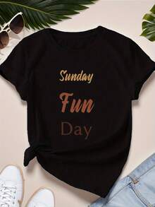 Camisetas de Algodón Oversize de Moda para Mujer 2026 SUNDAY FUNDAY, Camiseta Cómoda para Mujer, Suave y Sencilla para Uso Diario, Top de Manga Corta - Negro - Ver 7