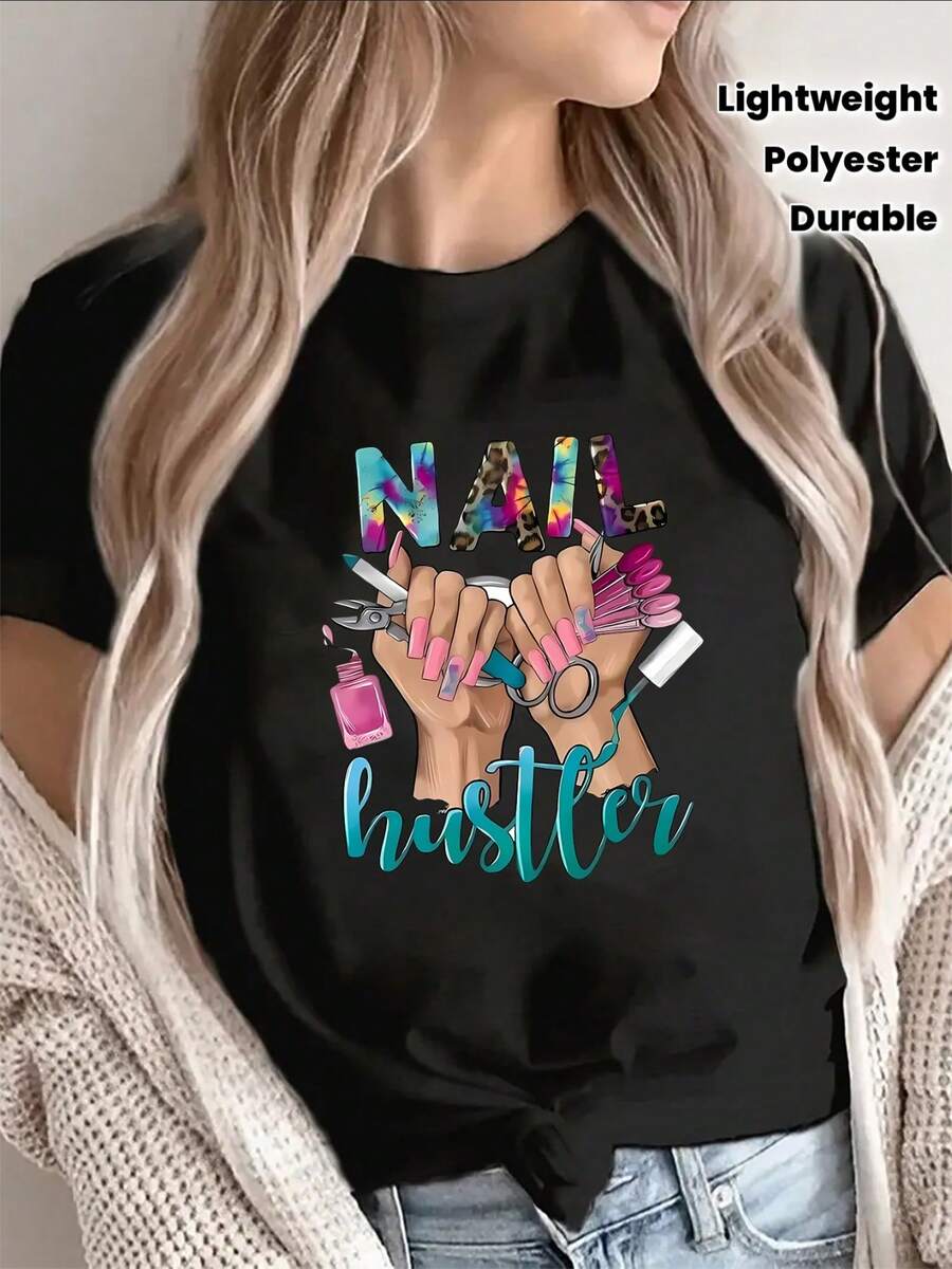 1 camiseta de manga corta de fibra de poliéster exclusiva para entusiastas del nail art, decorada con un llamativo diseño de artista de uñas, adecuada para el trabajo en salones y el uso diario, ligera y duradera, una opción ideal para entusiastas de la belleza en salones o en casa. 180g Algodón 100%. - Negro - Ver 1