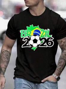 Camisetas con cuello redondo estampadas que pueden ser usadas tanto por hombres como por mujeres. Camiseta de fútbol de la Selección de Brasil para la Copa Mundial 2026, diseño de bandera y mapa de Brasil, color negro, para fanático - Negro - Ver 6