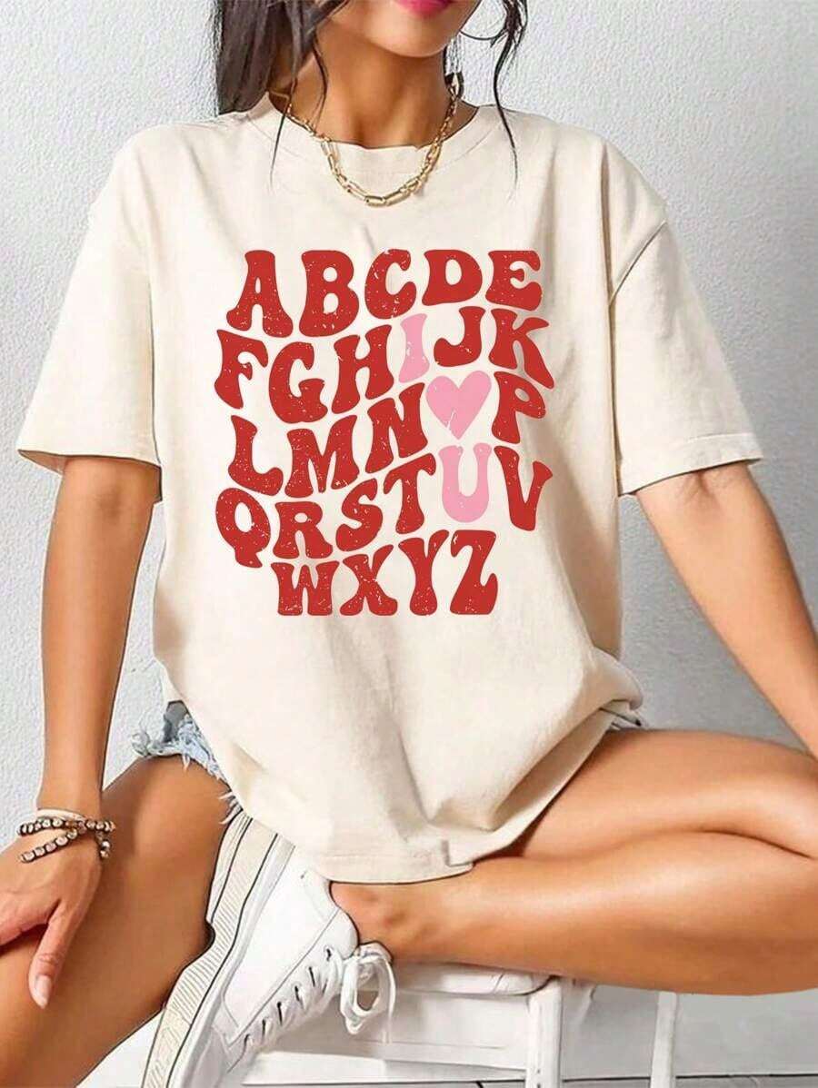 ModernoSummer Camiseta Casual de Cuello Redondo para Mujer, Linda Camiseta para Maestra para el Día de San Valentín, Camiseta con la Letra "Teacher", Camiseta para Regreso a Clases, Camiseta de Amor, Camiseta para Maestra, Camiseta para Maestra en el Día de San Valentín, Camiseta de Manga Corta Ajustada, Ropa Casual - Albaricoque - Ver 1