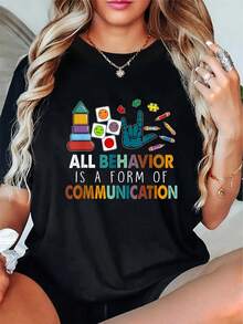 Camiseta para Maestros - Todo comportamiento una forma de comunicación - Mangas cortas suaves, cuello redondo con diseños educativos coloridos, adecuada para uso diario y ocasiones especiales - Camiseta de manga corta de algodón holgada unisex estilo vintage urbano. - Negro - Ver 1