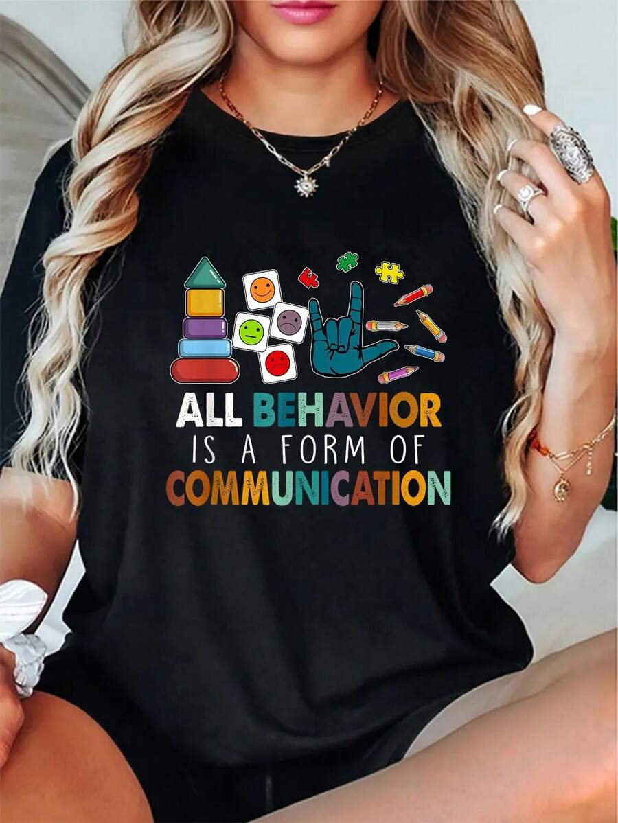 Camiseta para Maestros - Todo comportamiento una forma de comunicación - Mangas cortas suaves, cuello redondo con diseños educativos coloridos, adecuada para uso diario y ocasiones especiales - Camiseta de manga corta de algodón holgada unisex estilo vintage urbano. - Negro - Ver 1