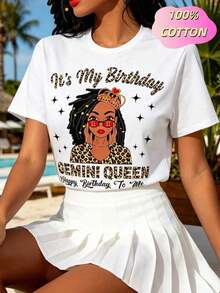 Camiseta Moderna para Mujer, Tops Casuales de Manga Corta para Mujer, Camiseta con Estampado 'Es Mi Cumpleaños, Reina Géminis, Cabello Rizado', Tops de Primavera y Verano para Mujer, Ropa de Mujer, Tops de Algodón, Ropa de Verano, Camiseta de Algodón, Top de Manga Corta con Cuello Redondo para Todas las Temporadas, Camiseta Casual de Manga Corta y Cuello Redondo para Primavera y Verano, Ropa Casual para Mujer - Blanco - Ver 3