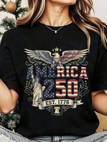 Camiseta de Cuello Redondo para Mujer, Estampado de Águila, Estatua de la Libertad y Campana de la Libertad, Diseño Casual para Celebración del 4 de Julio, 250g, Playera Holgada para Mujer - Negro - Ver 7