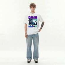 Boy Camiseta De Manga Corta Estilo Urbano Americano, Unisex, Marca De Moda, Camiseta De AlgodóN Puro, Top Con DiseñO De Dinosaurio CibernéTico Pixelado. - Negro - Ver 8
