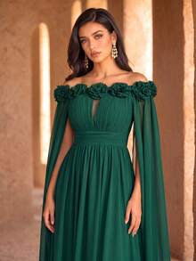 SUPGIR Đầm cape trễ vai xếp ly với họa tiết hoa, eo nhún và xòe rộng, chất liệu chiffon, thích hợp làm đầm phù dâu, váy cưới thanh lịch mùa xuân. - Màu xanh lá cây đậm - Xem 5