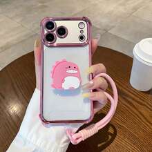 1pc Cute Cartoon Silicone Mini Dinosaur Stand + Woven Wrist Strap, Foldable Multi-Function Stand With 4-Corner Air Cushion Anti-Drop, Transparent, Compatible With IPhone 17 Pro Max/17 Pro/17/Air/16 Pro 16 Pro Max [International Version, Not Domestic], Galaxy S26/S26 Plus/S26 Ultra, - Pink - View 4