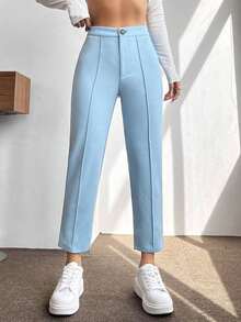 PETITE Pantalones de talle alto con costura detalle crop - Celeste - Ver 7