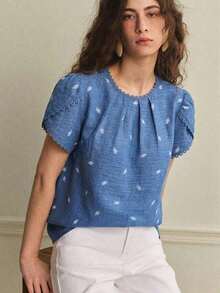 Camisa de mujer elegante y casual con mangas abombadas y volantes de unicolor - Azul 3 - Ver 9