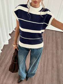 Blusa de punto de manga corta a rayas, casual y holgada, para mujer, color verde menta, conjunto casual de mujer con blusa a rayas, cuello polo, manga corta, blusa de lana - Azul marino - Ver 6