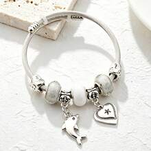 1 pièce Bracelet en acier inoxydable style bohème avec breloques cœur, étoile, dauphin et visage souriant, perles de vie marine en cristal blanc, taille unique, convient pour un bijou thème plage décontracté, cadeau - Océan - Voir 2