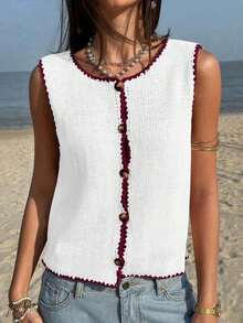 Blusa de punto sin mangas con ribete de bloques de color para vacaciones en la playa de mujer - Blanco - Ver 6