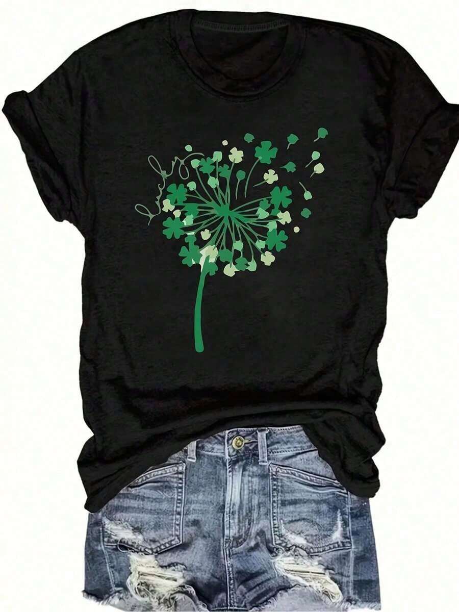 Women's Casual Crew Neck T-Shirt, Printed With Green Shamrock And Dandelion Motifs - Loose And Comfortable Fit, Short Sleeve Design, Machine Washable, Suitable For The Season, Made Of Opaque Fabric, Perfect For St. Patrick's Day. - 黑色 - 查看 1