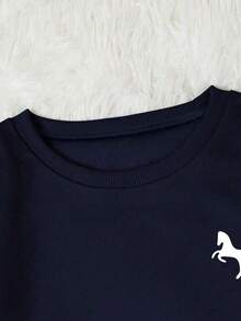 Women's Crew Neck Sweatshirt In Various Colors With Small Horse Print, Versatile Autumn/Winter Jacket - Wear With A Shirt - Latest Fashion - Màu xanh hải quân - Xem 3