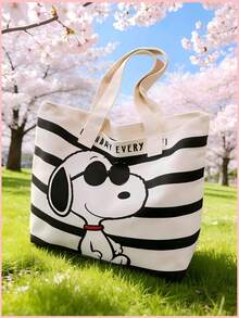 1件裝 Snoopy 印花條紋帆布托特包，大容量輕量肩背包，適合學校、工作、野餐、海灘與購物，可愛卡通設計，生日、聖誕節及開學季送禮佳品 - 彩色 - 查看 5