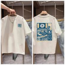 Camiseta de manga corta casual de algodón para hombre, estilo nuevo de verano 2026, con el diseño de flores de cerezo de la montaña . - Blanco - Ver 8