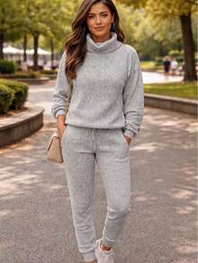 Set Of Pants And Turtleneck Sweater In Mousse Knit Fabric. - Gray With Cuff - View 1