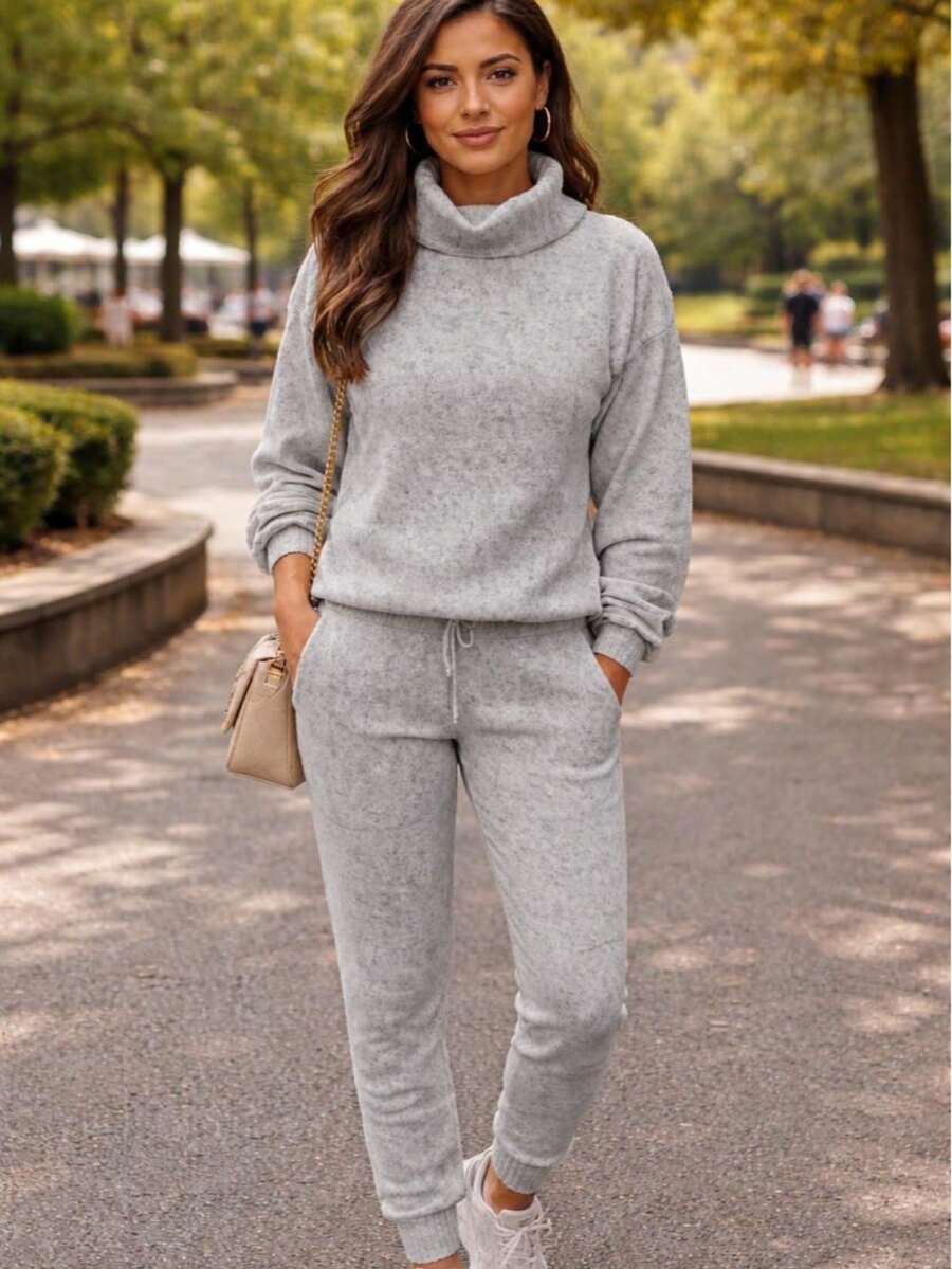 Set Of Pants And Turtleneck Sweater In Mousse Knit Fabric. - Gray With Cuff - View 1