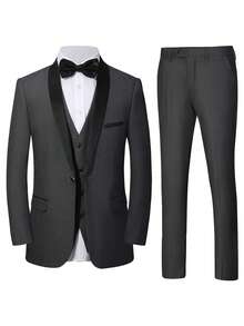 4 PCS Men Suit Tuxedo Vest Pants Necktie Shawl Collar One Button For Wedding Banquet Prom Chic Elegant Men Attire - Xám - Xem 2