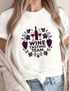 El equipo de cata de vinos diseñó camisetas estampadas, blusas casuales de manga corta y cuello redondo, adecuadas para el verano y la primavera, ropa de mujer. Blusa de manga corta cómoda y versátil. - Blanco - Ver 1