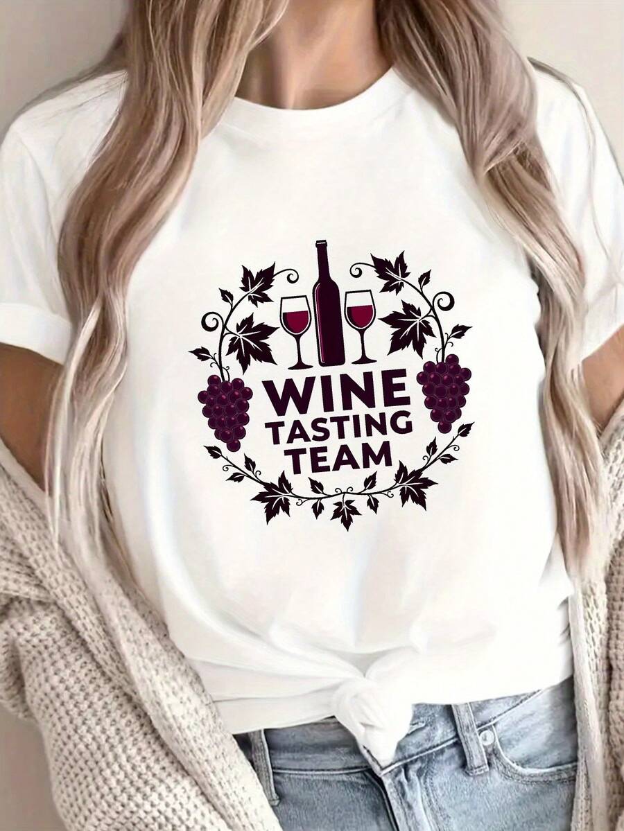 El equipo de cata de vinos diseñó camisetas estampadas, blusas casuales de manga corta y cuello redondo, adecuadas para el verano y la primavera, ropa de mujer. Blusa de manga corta cómoda y versátil. - Blanco - Ver 1