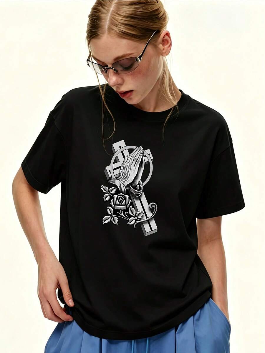Camiseta de manga corta de gran tamaño para mujer, 180G, con diseño de manos en oración y cruz con rosa, estilo casual y holgado para el verano, adecuada para uso diario, reuniones familiares y regalos corporativos para-building - Camiseta unisex de algodón holgada de manga corta y cuello redondo, estilo vintage urbano. - Negro - Ver 1