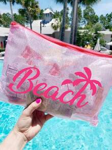 多色防水時尚網格海灘包，印有「Beach」椰子樹遮陽傘圖案的化妝包，海灘主題，大容量透明化妝包，附尼龍拉鍊盥洗包 - 輕巧，可存放防曬霜、零食、比基尼和海灘必需品。春/夏收納，耐用 - 彩色 - 查看 5