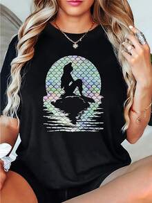 1 camiseta de cuello redondo con estampado de hadas marinas, camiseta de cuello redondo estampada a la moda, camiseta de manga corta para primavera/verano, top de mujer 180g 100% algodón. - Negro - Ver 1