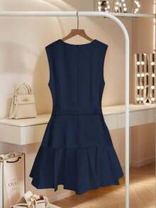 Vestido de tejido blanco de corte elegante, estilo francés, con cuello redondo, sin mangas, cinturón en la cintura, dobladillo plisado para mujeres, ideal para primavera/verano, negocios casuales, graduación - Azul marino - Ver 2