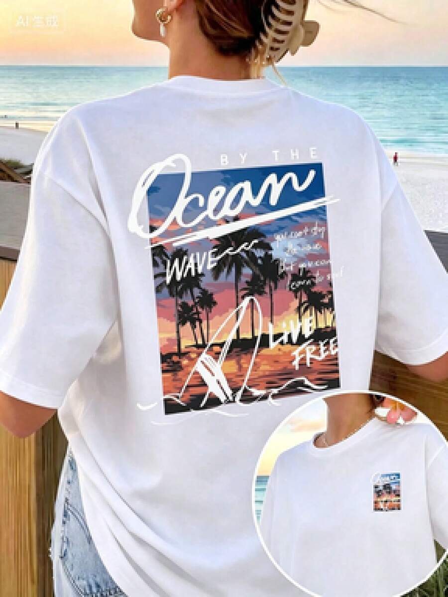 Under The Radar Women's Loose-Fitting T-Shirt With An Easter And Palm Tree Print. Soft And Breathable, This Casual Top Features A Boho Beach Style With Short Sleeves, Perfect For Summer Vacations, Beach Trips, Bonfires, And Tropical Getaways. This Unisex Cotton T-Shirt Has A Loose Fit, Short Sleeves, And A Crew Neck, Offering A Vintage Urban Style In Black. - 白色 - 查看 1