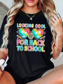 Talla - Talla - Camiseta con Estampado de Regreso a la Escuela para Mujer | Diseño de corazón y palmera, elasticidad media, adecuado para vacaciones informales en primavera, verano y otoño, lavable aáquina, lindo, ropa para la vuelta al cole, diseño divertido, moda de temporada, cuello redondo - Camiseta unisex de manga corta de algodón suelto con cuello redondo, estilo vintage urbano. - Negro - Ver 7
