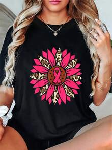 Talla - Camiseta de Concientización sobre el Cáncer de Mama para Mujer - Top de Tirantes con Estampado de Girasol Rosa y Leopardo, Camiseta Suave para Uso Diario, para Apoyo al Cáncer de Mama, Recaudo de Fondos, Defensa de los Derechos - Ropa Empoderadora para Mujeres, Ropa para Recaudo de Fondos, Camiseta de Declaración Audaz, Construcción Duradera, Camiseta de Apoyo, Liberación Femenina - Camiseta Vintage de Estilo Urbano Unisex, Holgada, de Algodón, Manga Corta y Cuello Redondo - Negro - Ver 1