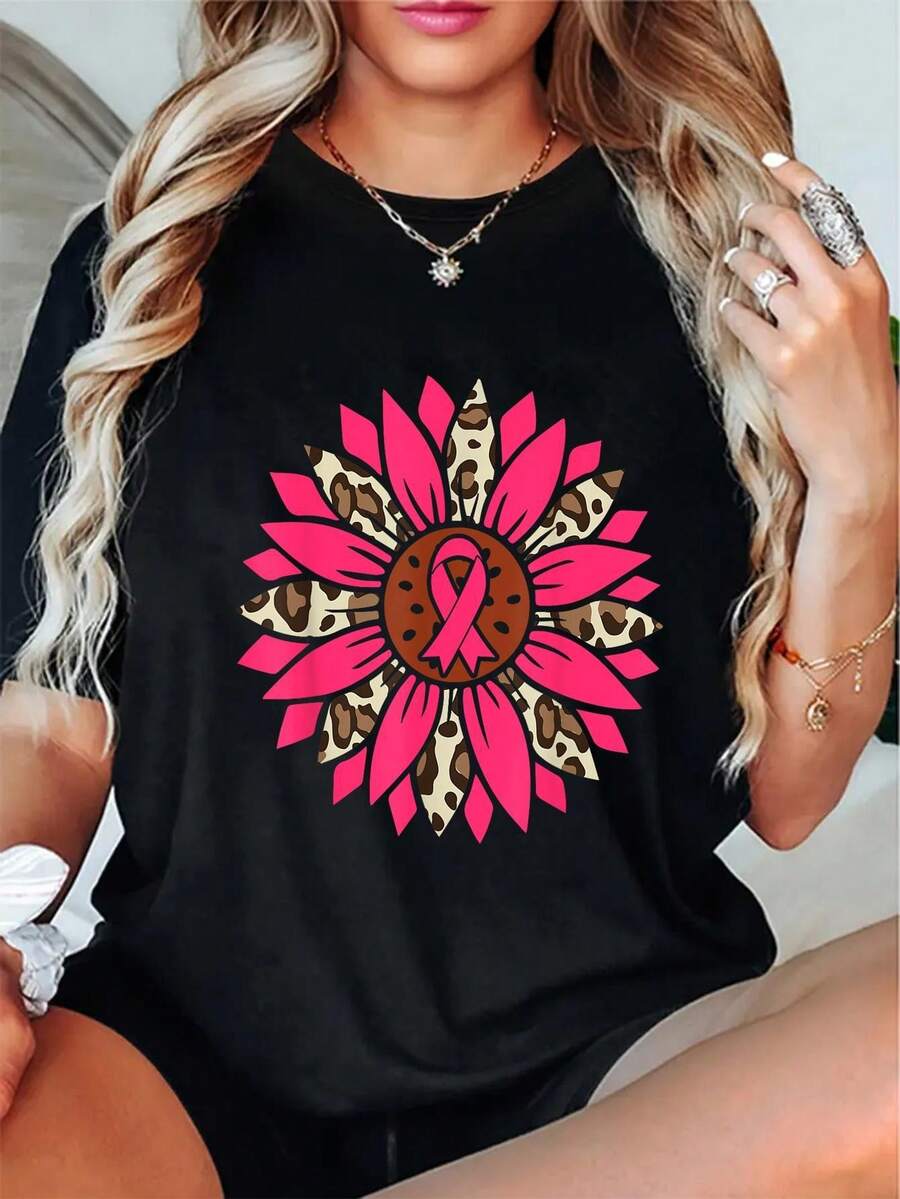 Talla - Camiseta de Concientización sobre el Cáncer de Mama para Mujer - Top de Tirantes con Estampado de Girasol Rosa y Leopardo, Camiseta Suave para Uso Diario, para Apoyo al Cáncer de Mama, Recaudo de Fondos, Defensa de los Derechos - Ropa Empoderadora para Mujeres, Ropa para Recaudo de Fondos, Camiseta de Declaración Audaz, Construcción Duradera, Camiseta de Apoyo, Liberación Femenina - Camiseta Vintage de Estilo Urbano Unisex, Holgada, de Algodón, Manga Corta y Cuello Redondo - Negro - Ver 1
