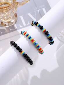 Rainbow Bead Bracelets For Pride Month – Colorful LGBTQ+ Jewelry Gift Set With Black Accent Beads, Adjustable Waterproof Design Couple's Gift , Fashion Accessory For Pride Festival - Colorful - View 3