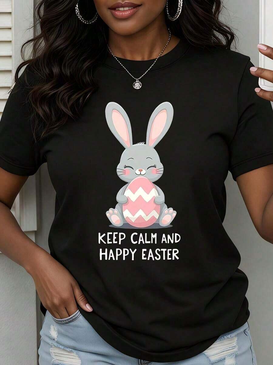 Camiseta de Mujer con Estampado de Conejo de Pascua Sosteniendo un Huevo, Diseño de Animal de Dibujos Animados, Regalo para las Fiestas de Primavera, Estilo Vintage Urbano, Unisex, de Algodón, Manga Corta, Cuello Redondo, 100% Algodón - Negro - Ver 1