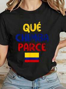 Camiseta Casual 100% Algodón para Niños y Niñas con Frases del Calcomanón Colombiano "Qué Chimba Parce Colombia" para Mujer - Negro - Ver 7
