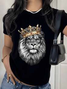 Majestic Crowned Lion Graphic Print T-Shirt, 180g, 1 Piece, Women's Casual Style, 100% Cotton, Streetwear Style - 黑色 - 查看 9
