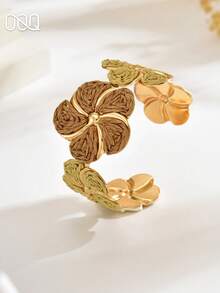 OOQ 1pc Summer Floral Open Bangle Bracelet For Women, Khaki Elegant Fashion Versatile Beach Holiday, Suitable For Any Festival, Daily Commute, Gift For Friends (Handmade Raffia Weaving, Random Shape) - Mixed Coffee - View 3