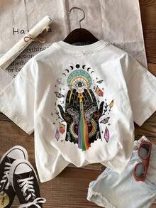 [Impresión a doble cara] Camiseta de verano para mujer, estilo misterioso, estampado de palma, cristal y mariposa, algodón puro, uso diario casual, cuello redondo, camiseta de manga corta, cómoda y suave, camiseta de algodón para uso diario. - Blanco - Ver 2